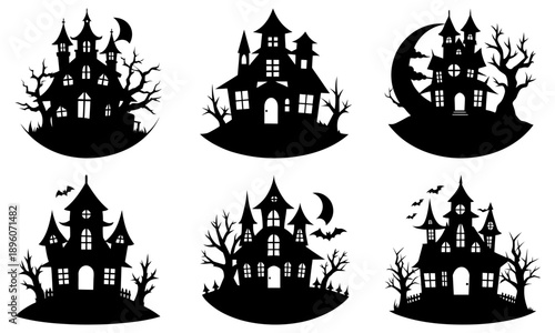 Collection of spooky haunted mansion silhouettes against moonlit night sky with bats flying around