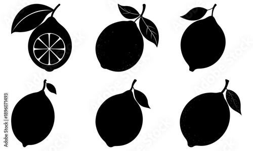 A collection of lemon silhouettes with leaves and a cut lemon in graphic illustrations