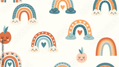 Bohemian style seamless pattern featuring cute rainbows hearts and smiling peaches in warm earthy tones on beige.