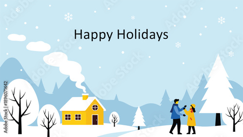Peaceful winter holiday scene with a small yellow house snowy landscape and two people walking under falling snow.
