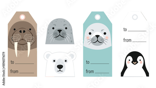 Collection of cute arctic animal gift tags featuring a walrus seal polar bear and penguin for winter holidays.