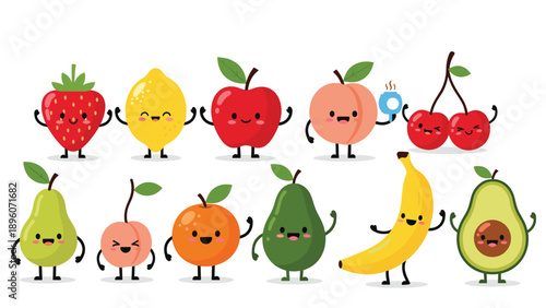 Assortment of cute smiling fruit characters including strawberry lemon apple peach cherry pear orange and avocado.