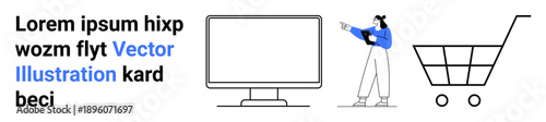 Female character pointing at text, computer monitor, and shopping cart. Ideal for e-commerce, online shopping, digital marketing, web design, learning, tech usage simple landing page