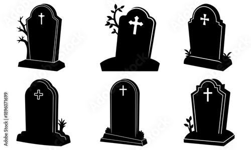 Collection of gravestones with crosses in a cemetery landscape viewed from the front in a graphic illustration.