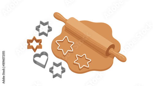 Traditional baking scene with a wooden rolling pin on flattened dough surrounded by heart and star cookie cutters.