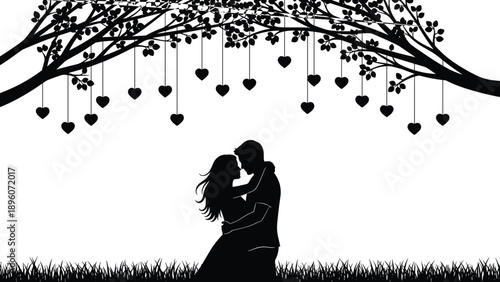 Silhouette of a couple embracing under a tree with hanging hearts branches