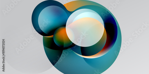 Abstract composition featuring overlapping circles, gradients. Teal, orange, blue hues create dynamic visual effect. Soft glow present.