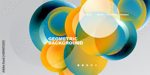 Abstract design features overlapping colorful circles. Gradient shades create dynamic visual effect. Text elements present portfolio options.