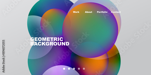 Abstract colorful shapes overlap, creating dynamic background. Text labels present work, about, portfolio, contact options. Gradient hues dominate design.