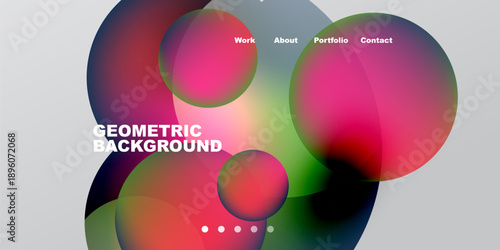 Abstract colorful shapes overlap, creating dynamic composition. Text labels present work, about, portfolio, contact options. Dots indicate navigation.