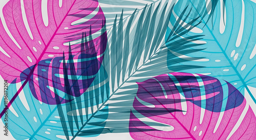 Abstract Tropical Monstera Leaves Background - Pink and Blue Neon Summer Pattern