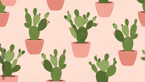 Pretty seamless pattern displays various green prickly pear cacti in small pink pots over a soft peach background for a desert aesthetic.