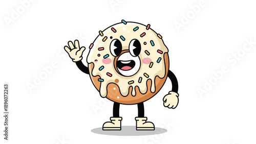 Fun retro cartoon donut character with sprinkles and white frosting waves its hand while wearing stylish little boots on a white background.