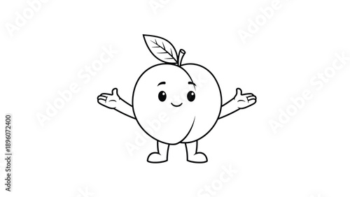 Friendly hand-drawn peach character with a happy smiling face stands with arms outstretched to greet viewers on a white background.