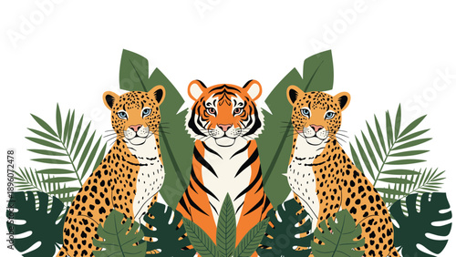 Majestic tiger and two spotted leopards sit peacefully among lush tropical green palm leaves and monstera foliage in a jungle scene.