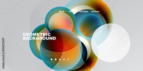 Abstract geometric shapes overlap, creating vibrant color blends. Text labels indicate work, portfolio, contact sections. Modern design.