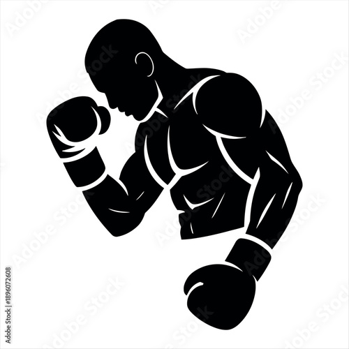 A muscular boxer in a fighting stance with gloves raised, ready to strike. Vector