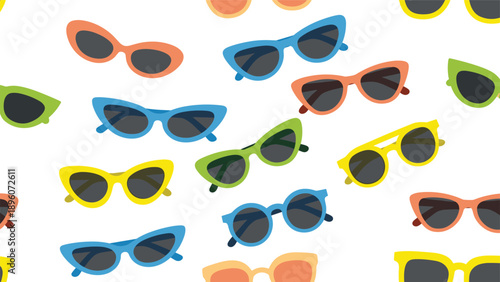 Stylish and colorful cat-eye sunglasses create a vibrant repeating pattern on a white background, perfect for summer fashion themes.