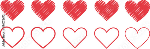 Ten red heart shapes with five filled and five outlined in a row