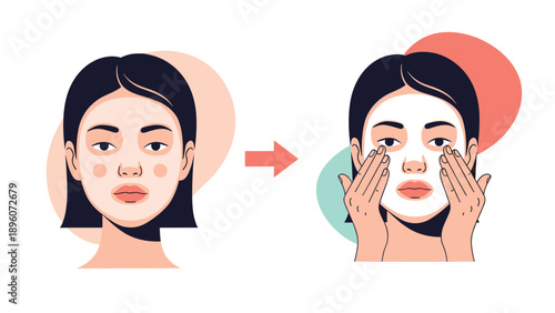 Helpful illustration shows the before and after effects of applying a white facial mask as part of a regular skincare routine for girls.