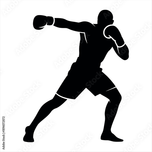 A silhouette of a boxer in a fighting stance with boxing gloves on, Vector