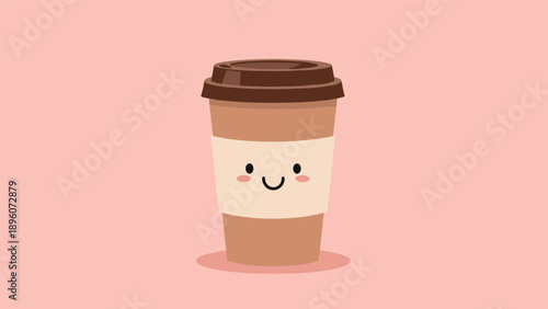 Adorable takeout coffee cup with a sweet smiley face and pink cheeks sits against a warm coral background, perfect for morning themes.