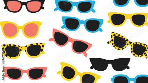 Trendy collection of sunglasses in various shapes and patterns including leopard print creates a stylish seamless pattern on white.