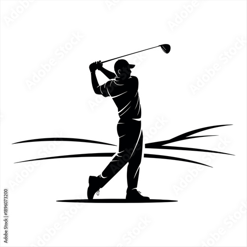 A golfer in action with a mid-swing on a golf course. Vector