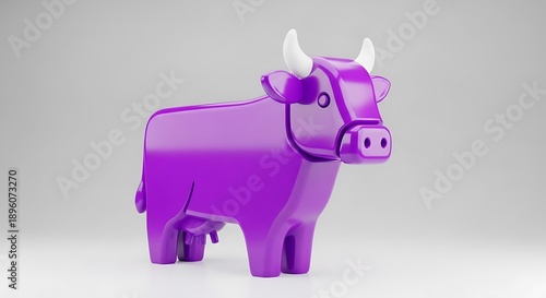 A whimsical purple cow figurine with a glossy finish stands against a neutral background, showcasing its playful design and vibrant color.
