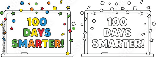 100 Days Smarter text on a laptop screen with confetti celebrating educational achievement in color and outline.