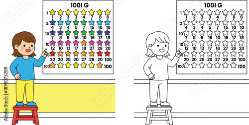 Child on a stool pointing to a 100 Day star chart celebrating educational progress in color and outline.