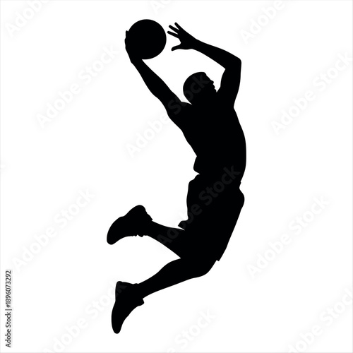 Dynamic silhouette of a basketball player in mid-air with the ball Vector