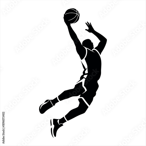 Athlete in mid-air performing a dynamic basketball dunk over a defender Vector