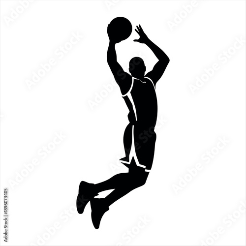 A silhouette of a basketball player in mid-air attempting a dunk. Vector
