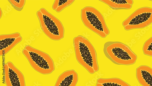 Vibrant sliced papaya fruits with black seeds are arranged in a tropical and healthy repeating seamless pattern on a yellow background.