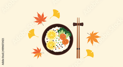 Healthy bowl of rice with toppings served with chopsticks and surrounded by autumn maple and ginkgo leaves in flat style.