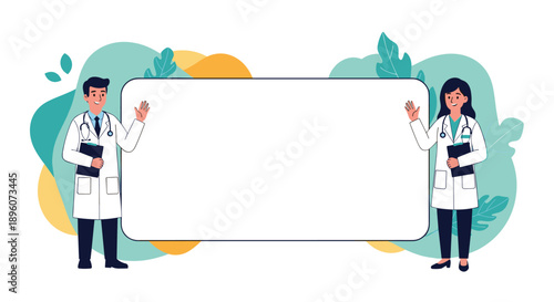 Professional male and female doctors standing by a large blank banner for medical announcements or health tips in flat style.