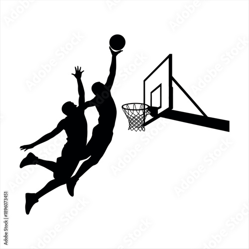 Two basketball players competing for the ball near the hoop in silhouette Vector