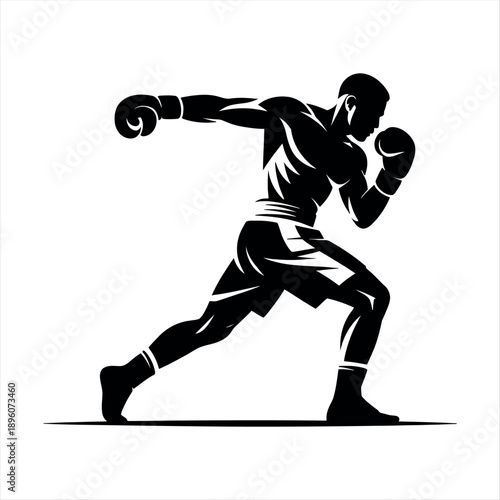 Boxer in action delivering a powerful punch with both gloves raised Vector
