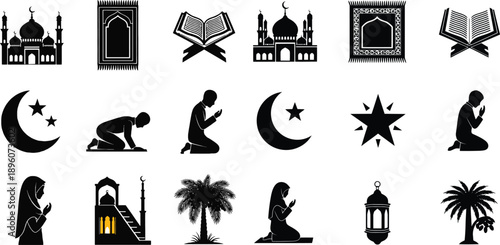 Islamic symbols and figures in black including a praying silhouette