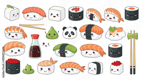 Extensive collection of cute cartoon sushi characters and condiments includes nigiri, rolls, wasabi, ginger, and soy sauce with happy faces.