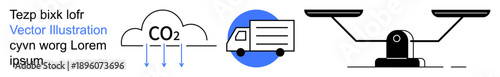 Climate change, carbon emissions, sustainability, environmental impact, transportation, eco-balance. Truck with CO2 cloud and balance scales. Carbon emissions and sustainability concept