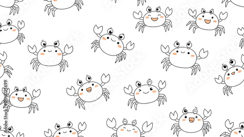 Adorable seamless pattern of cute cartoon crabs with happy faces and pink cheeks crawls across a clean white background for kids.