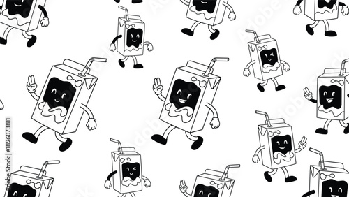 Fun repeating pattern shows retro milk or juice box characters with straws walking and waving in a classic cartoon style on white.