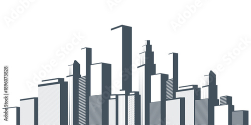 Skyscraper Cityscape Silhouette with Modern High-Rise Buildings - Urban Skyline Illustration Featuring Skyscrapers in Gray Tones Against Bright White Background - Creative Vector Template, Clip-Art