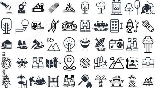Travel and adventure line icon set. Vector icons depicting diverse travel destinations, nature, transportation, and outdoor recreation. Thin linear design 