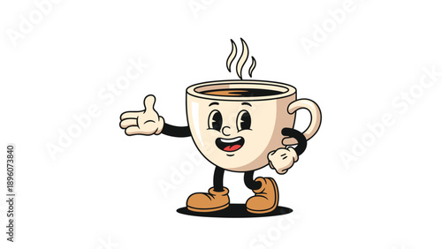 Vintage style coffee cup character with a steaming hot beverage inside walks forward confidently with a friendly smile on its face.