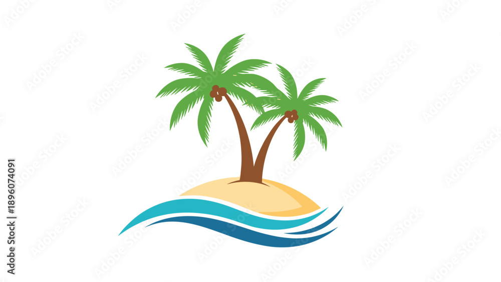 Fototapeta premium Tropical island logo featuring two palm trees with coconuts on a small sandy beach with stylized blue ocean waves.