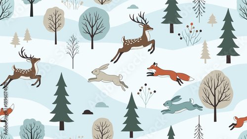 Winter forest scene featuring jumping deer, foxes, and rabbits among snow-covered trees and bushes in a soft-colored seamless pattern.