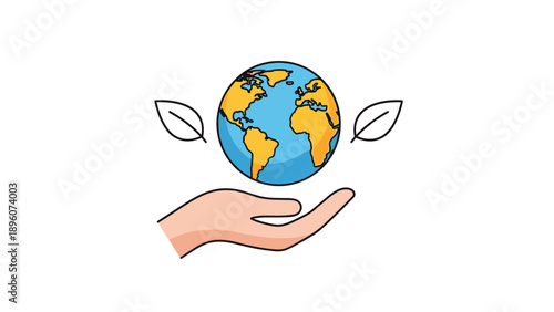 Human hand holding a colorful earth globe with green leaves on the sides representing global environmental protection efforts.